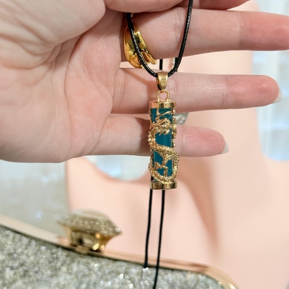 Clow In Dark Gold Blue Dragon Pendant Necklace. (Unisex) - Picture 4 of 5